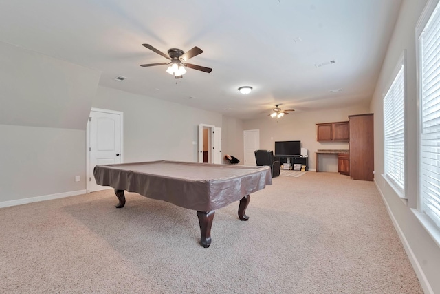 playroom with light carpet, billiards, visible vents, and baseboards