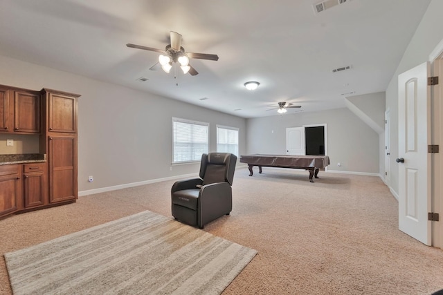 rec room featuring baseboards, billiards, visible vents, and light colored carpet