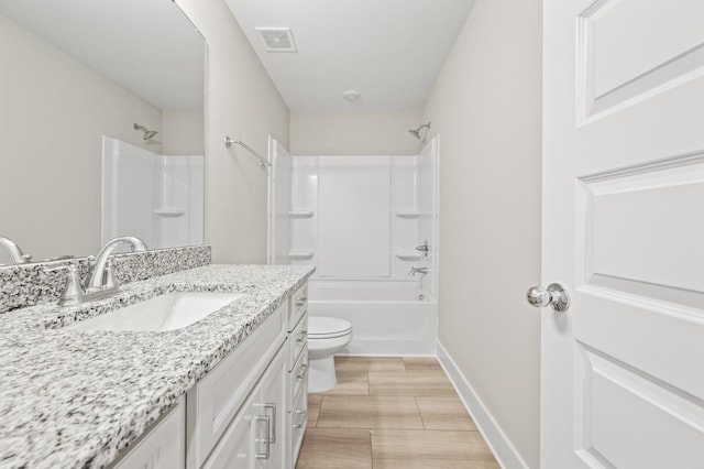 full bathroom with toilet, shower / bath combination, visible vents, vanity, and wood tiled floor