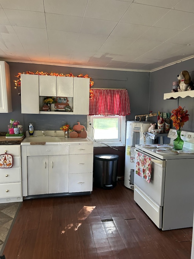 kitchen with white cabinets, electric stove, dark wood-style floors, water heater, and open shelves