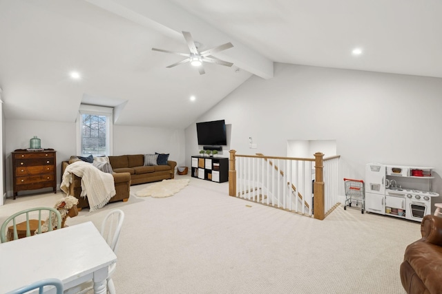 living area featuring carpet floors, recessed lighting, vaulted ceiling with beams, and ceiling fan