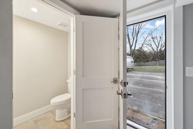 bathroom featuring tile patterned flooring, toilet, recessed lighting, visible vents, and baseboards