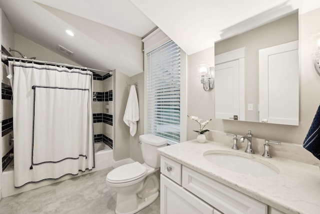 full bathroom with shower / bath combo, vaulted ceiling, vanity, and toilet