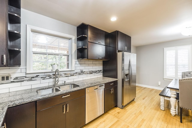 kitchen featuring decorative backsplash, appliances with stainless steel finishes, light wood-style floors, a sink, and baseboards