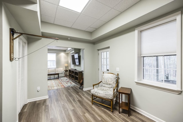 living area with a drop ceiling, baseboards, and wood finished floors