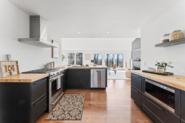 kitchen featuring dark cabinets, range hood, wooden counters, and stainless steel appliances