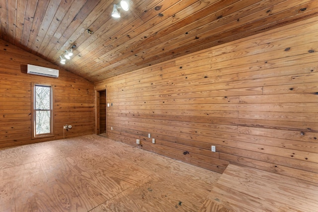 additional living space featuring lofted ceiling, wooden ceiling, wooden walls, and a wall mounted air conditioner