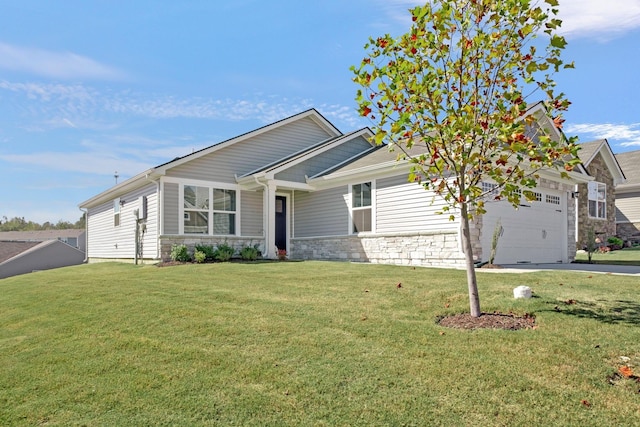 view of front of property with a garage, stone siding, a front lawn, and concrete driveway