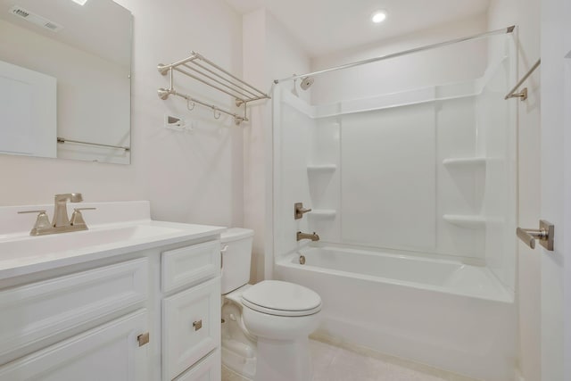 full bath with toilet, visible vents, tub / shower combination, and vanity