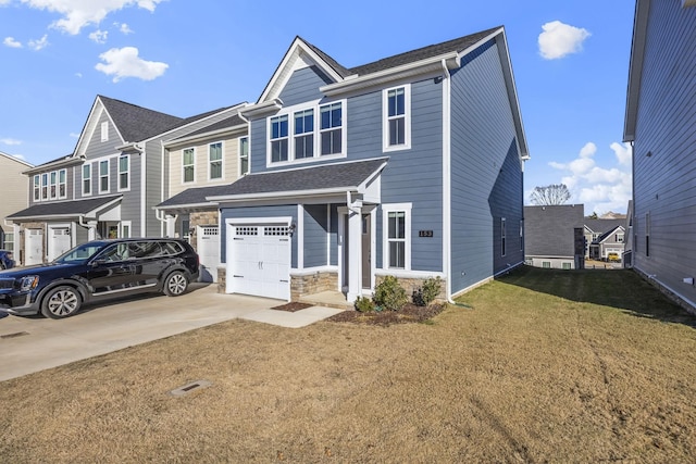 view of front of home featuring a garage, a shingled roof, driveway, stone siding, and a front yard