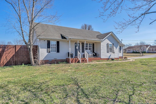 ranch-style house featuring a porch, crawl space, a front lawn, and fence