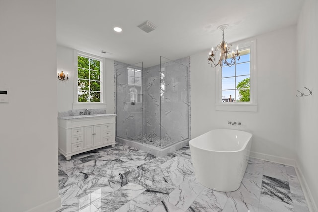 bathroom featuring vanity, visible vents, marble finish floor, a soaking tub, and a marble finish shower