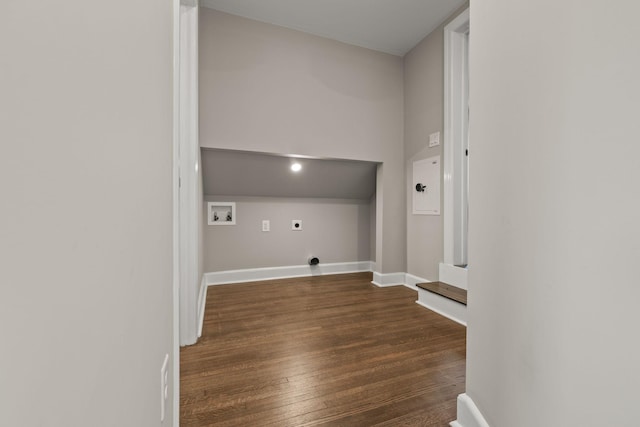 washroom featuring laundry area, baseboards, dark wood-style flooring, washer hookup, and electric dryer hookup