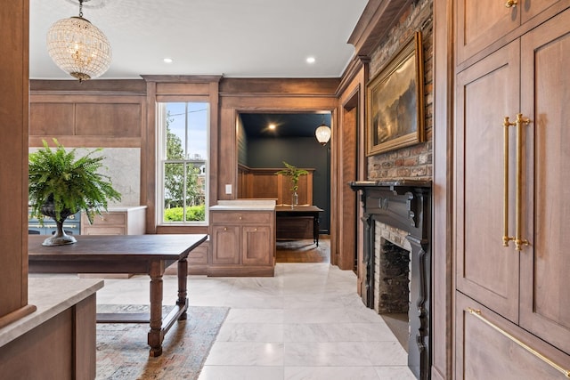 home office with a fireplace and recessed lighting