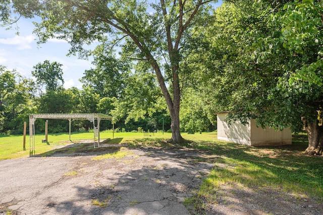 view of yard featuring an outdoor structure and a pergola