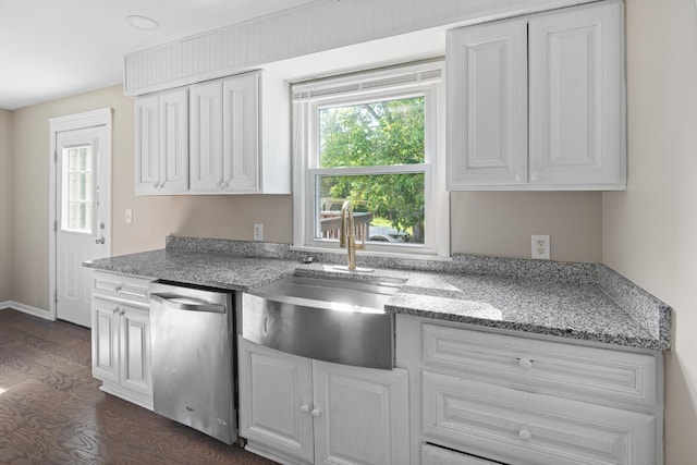 kitchen featuring dark wood-type flooring, a sink, white cabinets, light stone countertops, and dishwasher