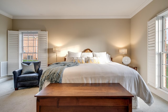 bedroom featuring carpet flooring, visible vents, multiple windows, and crown molding