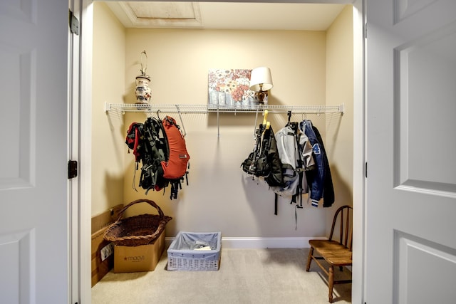 mudroom with attic access and carpet floors