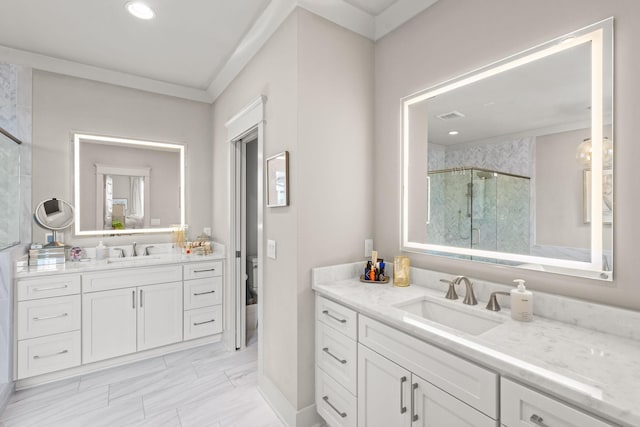 bathroom with visible vents, two vanities, a sink, and a shower stall