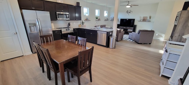 kitchen featuring ceiling fan, a sink, open floor plan, appliances with stainless steel finishes, and light wood finished floors