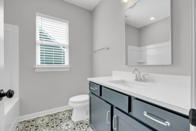 full bathroom with tile patterned flooring, toilet, visible vents, vanity, and baseboards