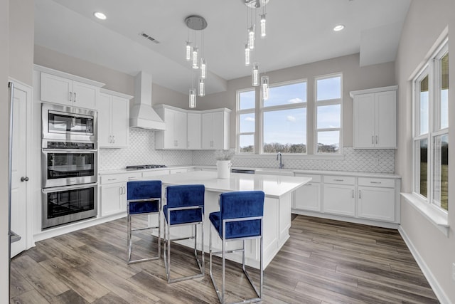 kitchen featuring stainless steel appliances, visible vents, white cabinetry, light countertops, and custom exhaust hood