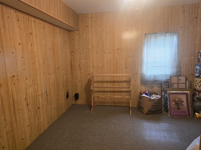 empty room with carpet floors and wood walls