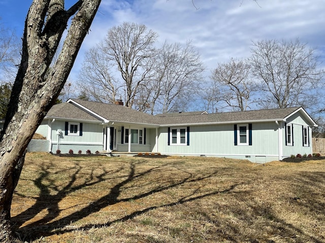 single story home with a front yard, crawl space, roof with shingles, and a chimney