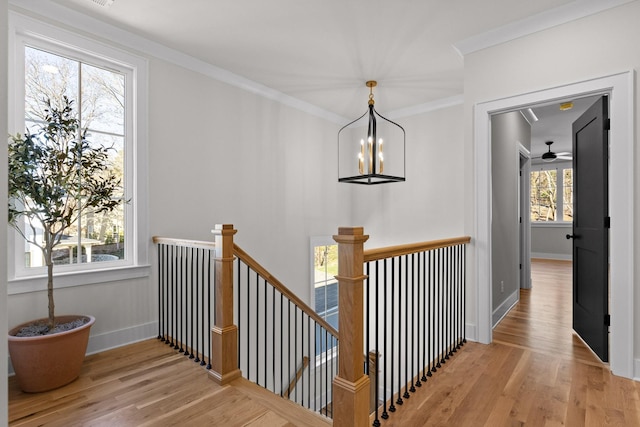 corridor with light wood finished floors, baseboards, crown molding, and an upstairs landing