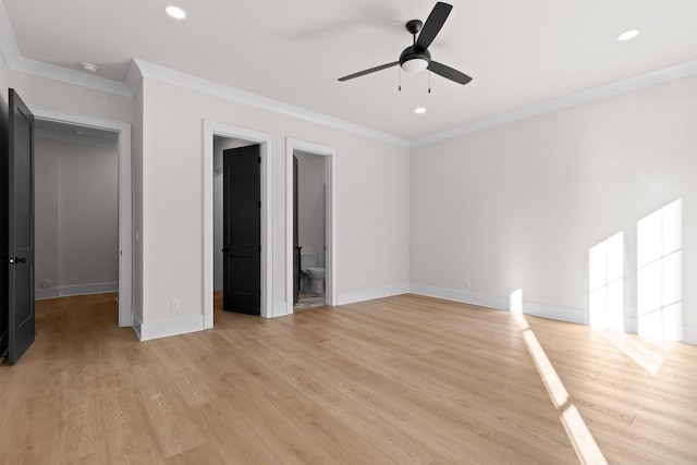 unfurnished bedroom featuring ornamental molding, recessed lighting, light wood-style flooring, and baseboards