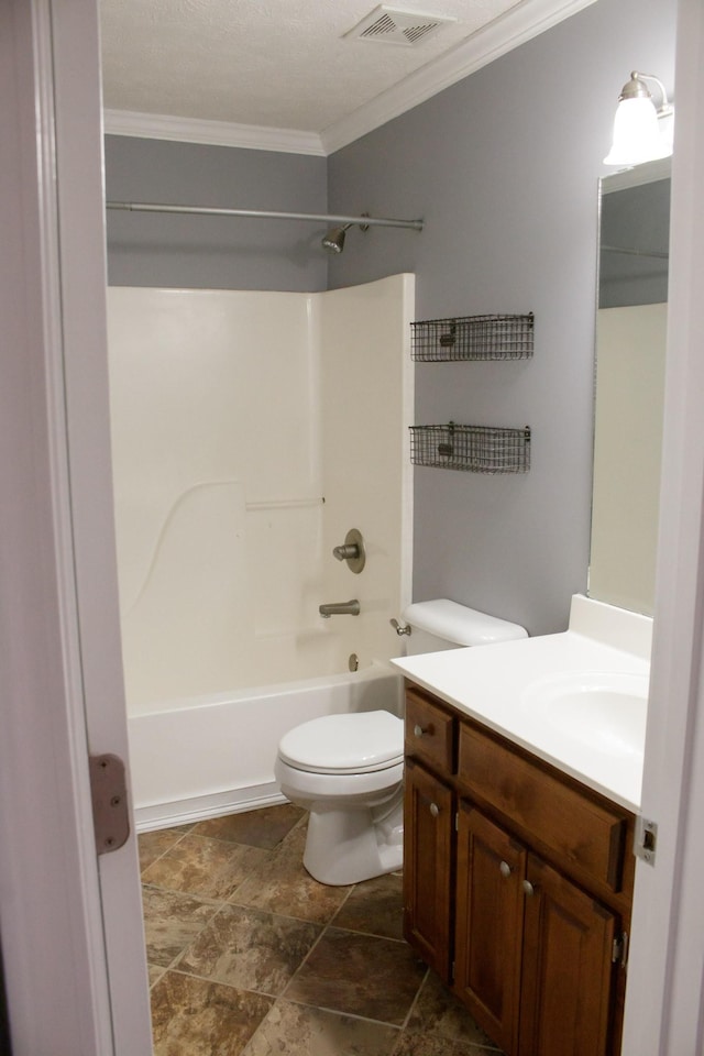 full bathroom with toilet, vanity, visible vents, shower / washtub combination, and crown molding