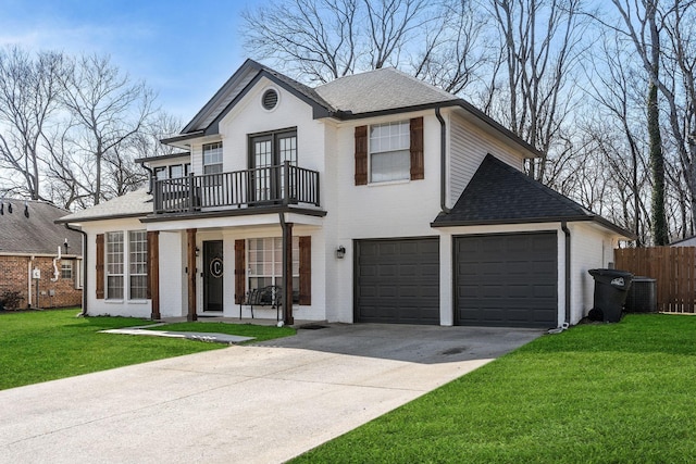 view of front of house with a front yard, a balcony, concrete driveway, and brick siding