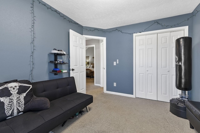 living room with carpet flooring, baseboards, and a textured ceiling