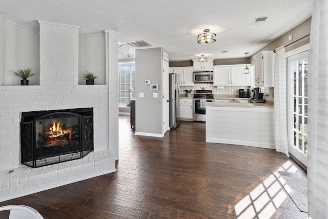 kitchen featuring dark wood-type flooring, a brick fireplace, a wealth of natural light, and stainless steel appliances