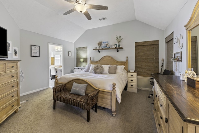 bedroom with a ceiling fan, baseboards, visible vents, vaulted ceiling, and light carpet