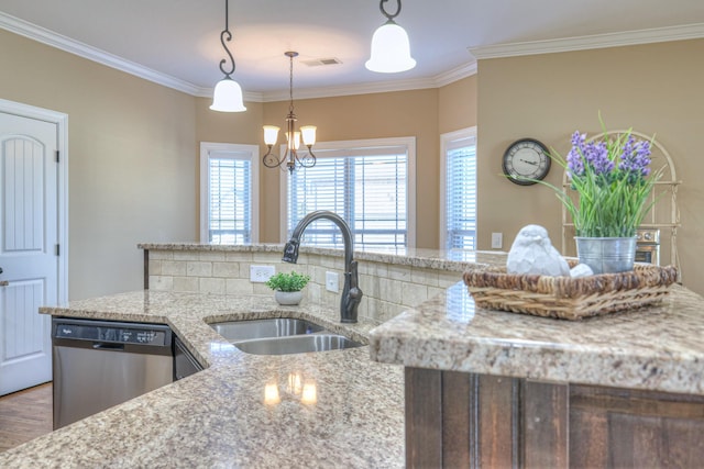 kitchen with wood finished floors, a sink, stainless steel dishwasher, light stone countertops, and crown molding