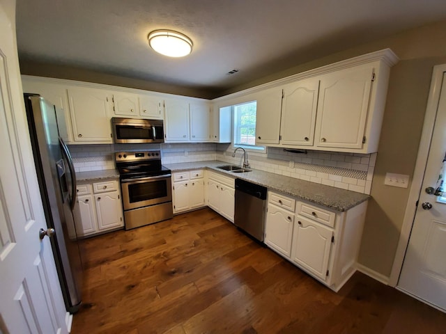 kitchen featuring dark wood-style floors, appliances with stainless steel finishes, a sink, white cabinetry, and backsplash