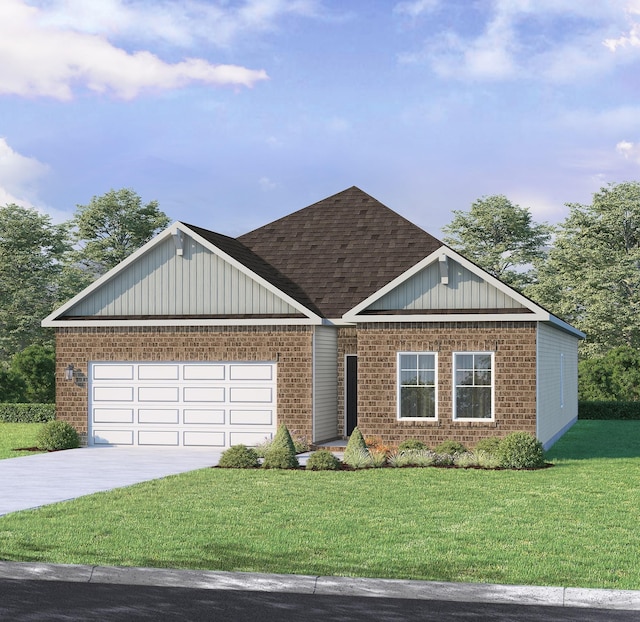 view of front of property with brick siding, a shingled roof, concrete driveway, a front yard, and a garage