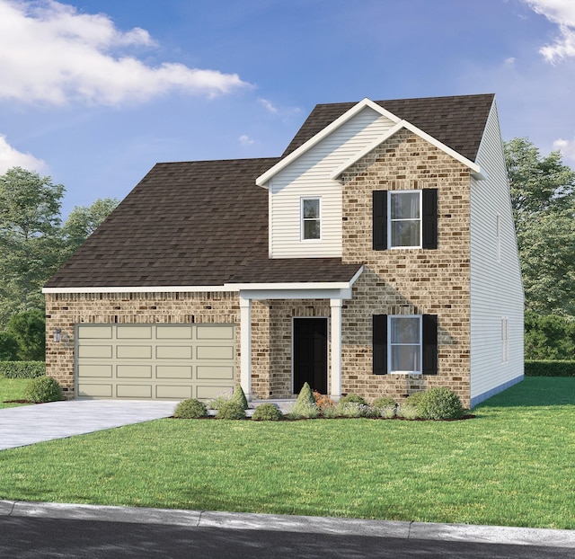 traditional-style home featuring an attached garage, brick siding, concrete driveway, roof with shingles, and a front lawn