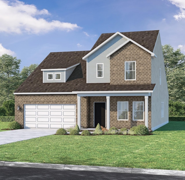 view of front of home featuring a garage, driveway, a front lawn, and roof with shingles