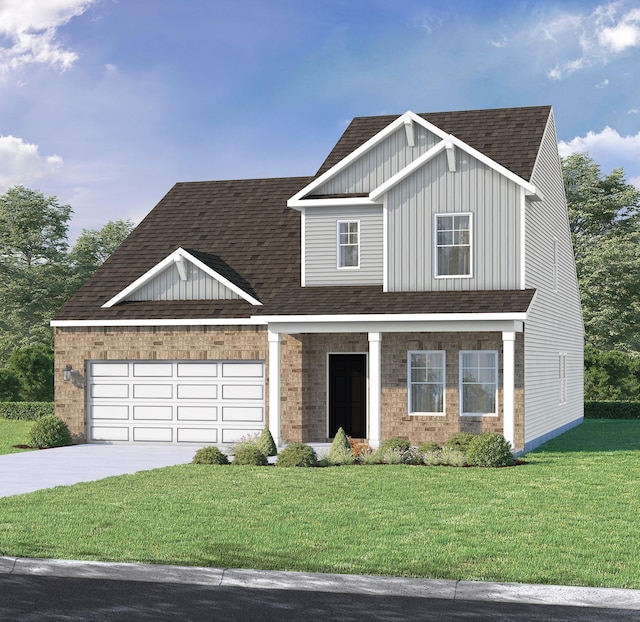 view of front of home featuring a garage, a shingled roof, concrete driveway, board and batten siding, and a front yard