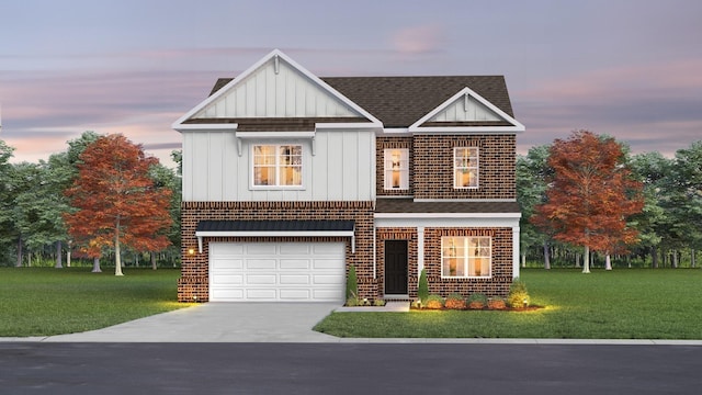 view of front facade featuring an attached garage, driveway, roof with shingles, board and batten siding, and a front yard