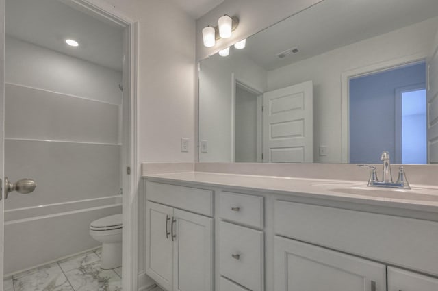 full bathroom with shower / washtub combination, marble finish floor, vanity, and toilet