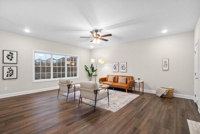 living area with recessed lighting, baseboards, and dark wood finished floors