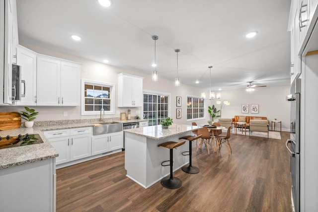 kitchen featuring a sink, stainless steel appliances, white cabinets, dark wood-style flooring, and hanging light fixtures