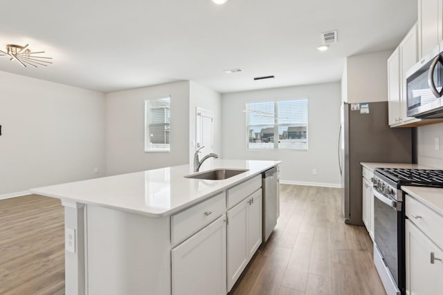 kitchen featuring a kitchen island with sink, light wood-style flooring, stainless steel appliances, a sink, and visible vents