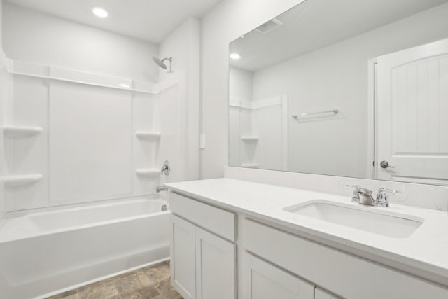 full bath with recessed lighting, bathtub / shower combination, visible vents, and vanity