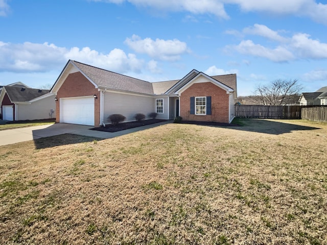 single story home with a garage, brick siding, fence, driveway, and a front yard