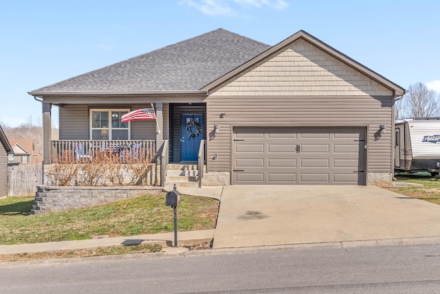 ranch-style house featuring a garage, a porch, concrete driveway, and roof with shingles