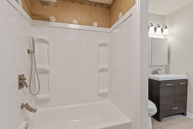 bathroom with toilet, tub / shower combination, wood finished floors, and vanity